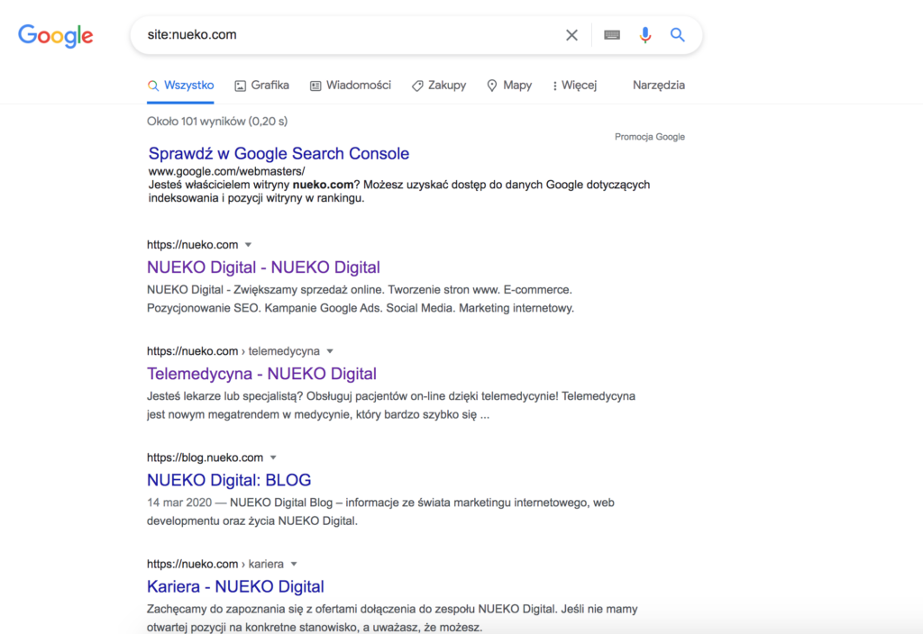 Wynik wyszukiwania w Google dla frazy site:nueko.com